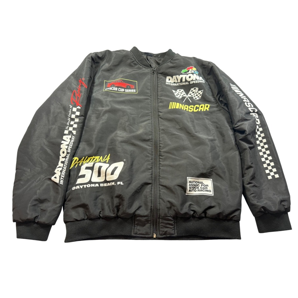 NASCAR Mens Daytona 500 Bomber Jacket Large Black Racing Windbreaker Sportswear